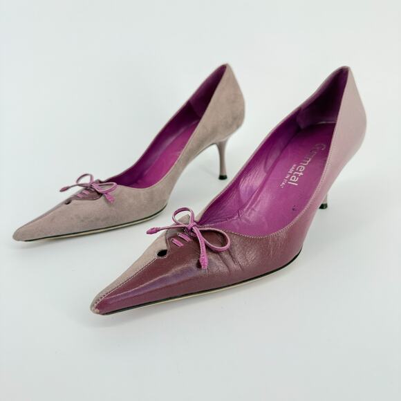 Y2K Gunmetal Italy Heels Size 6.5 EU 37 Pink Purple‎ Kitten Bow Pointed Toe - Picture 2 of 10